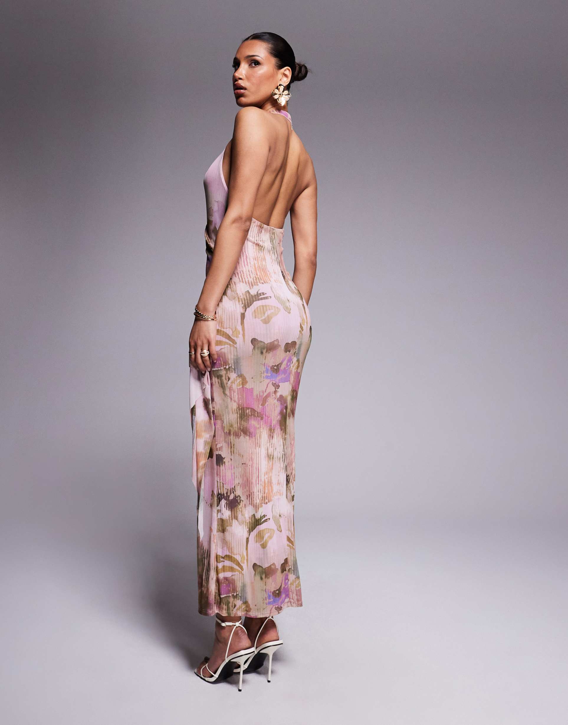asos design mesh halterneck midi dress with sweeping sash skirt in pastel floral print