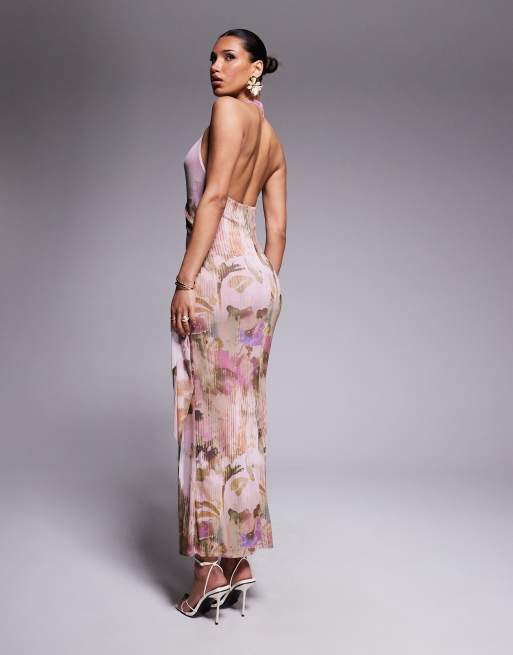 ASOS DESIGN mesh halterneck midi dress with sweeping sash skirt in pastel floral print