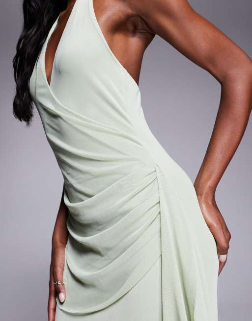 ASOS DESIGN mesh halterneck midi dress with sweeping sash skirt in sage green