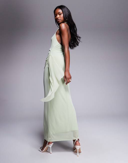 ASOS DESIGN mesh halterneck midi dress with sweeping sash skirt in sage green