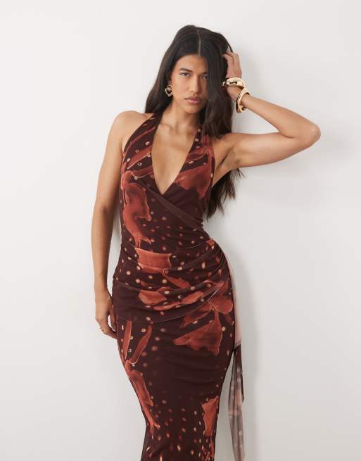 ASOS DESIGN mesh halterneck midikjole med svajende skørt og bindebånd i brunt blomsterprint, 2 af 4
