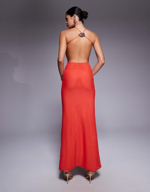 ASOS DESIGN mesh halterneck strap back maxi dress with trim in coral, 3 of 4