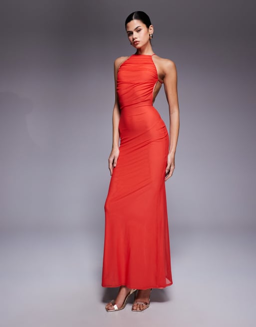 ASOS DESIGN mesh halterneck strap back maxi dress with trim in coral, 4 of 4