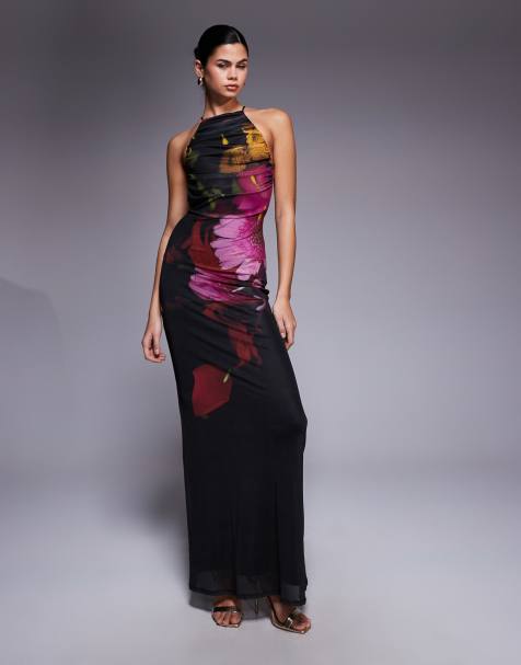 ASOS DESIGN mesh halterneck strap back maxi dress with trim in floral print - view 1