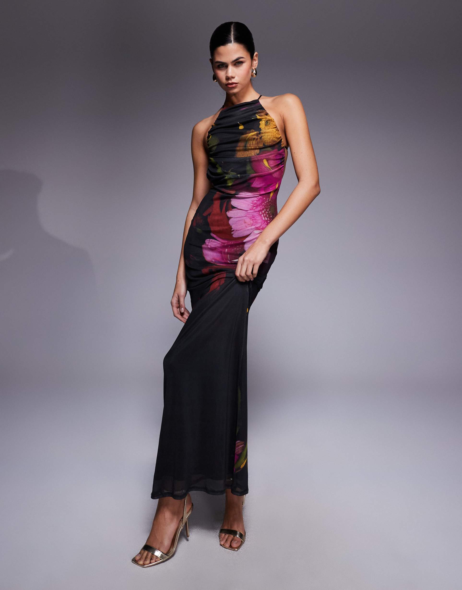 asos design mesh halterneck strap back maxi dress with trim in floral print