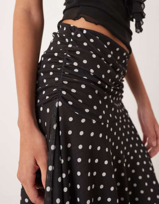 DJT Women's Flowy Hanky Hem Midi Skirt - Black Polka Dots, Elastic Waist, Size XL