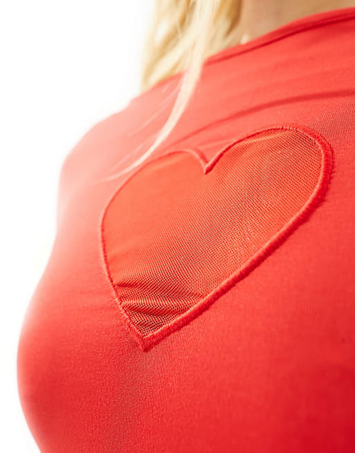 ASOS DESIGN mesh heart slash neck top in red