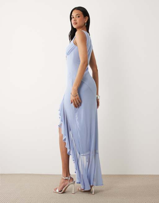 ASOS DESIGN mesh high low maxi dress with ruched bust in blue, 3 of 4