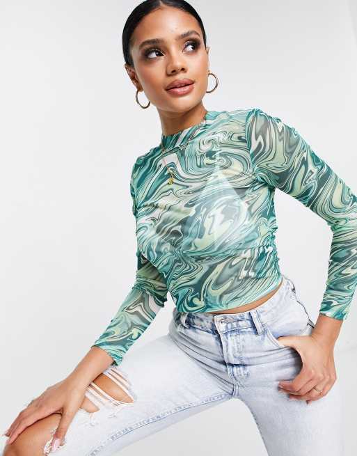 Marble Swirl Print Mesh Long Sleeve Top