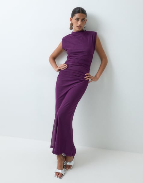 ASOS DESIGN mesh high neck detail maxi dress with shoulder pads in purple