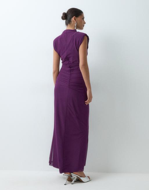 ASOS DESIGN mesh high neck detail maxi dress with shoulder pads in purple, 5 of 5