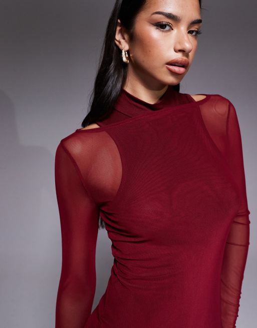 ASOS DESIGN mesh high neck double layer maxi dress in burgundy