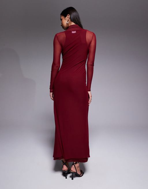 ASOS DESIGN mesh high neck double layer maxi dress in burgundy