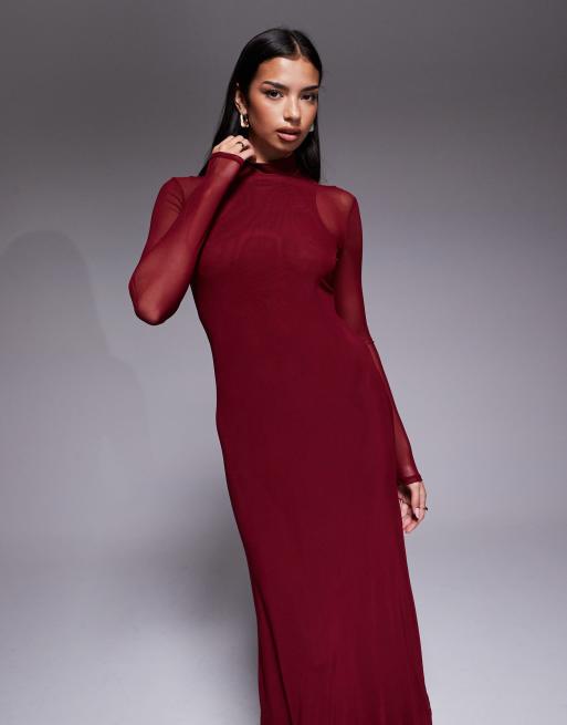 ASOS DESIGN mesh high neck double layer maxi dress in burgundy