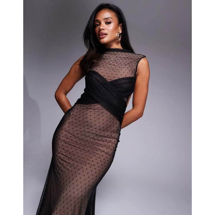 ASOS DESIGN mesh high neck drape cross front maxi dress in