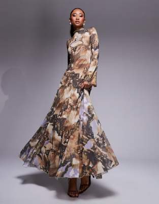 ASOS DESIGN mesh high neck long sleeve a-line maxi dress in oversized floral print - view 1