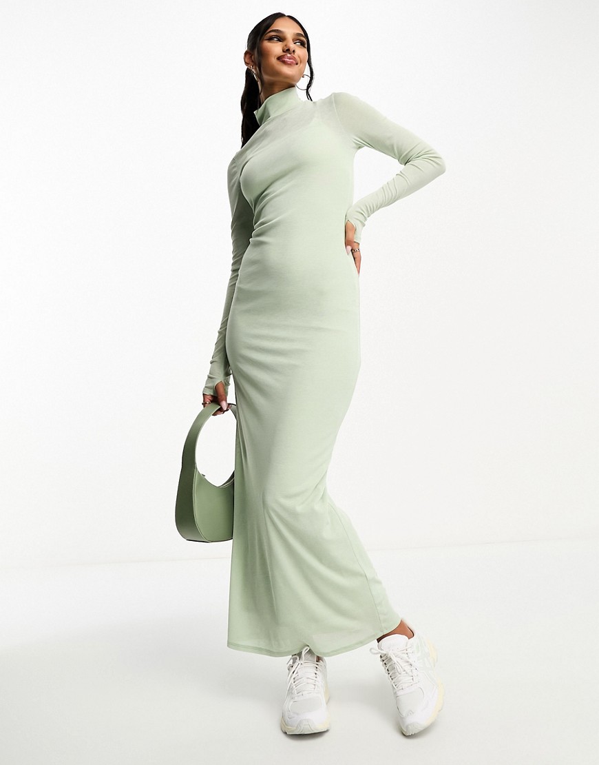 ASOS DESIGN mesh high neck maxi dress in sage-Green