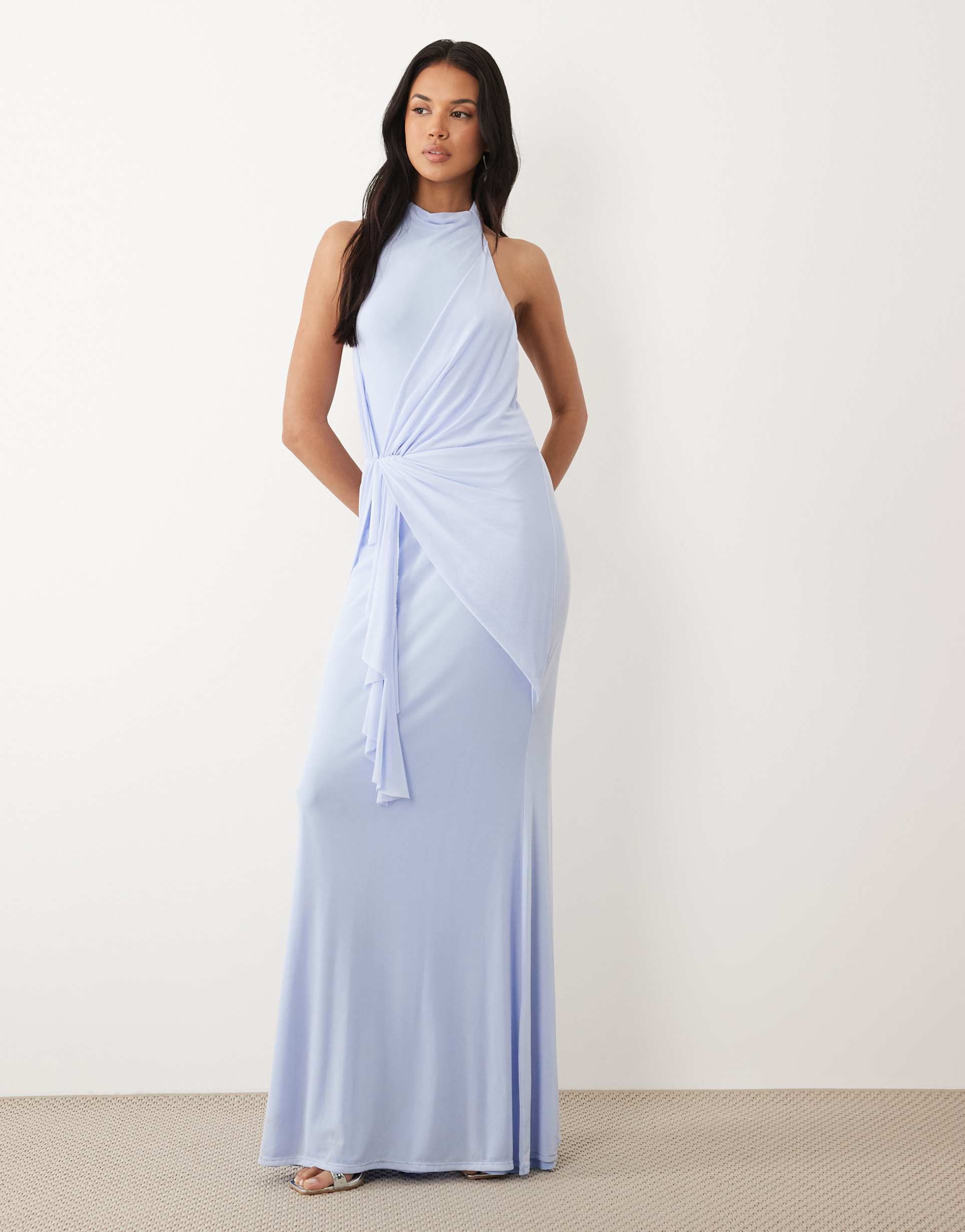 asos design mesh high neck maxi dress with draped frill detail in baby blue