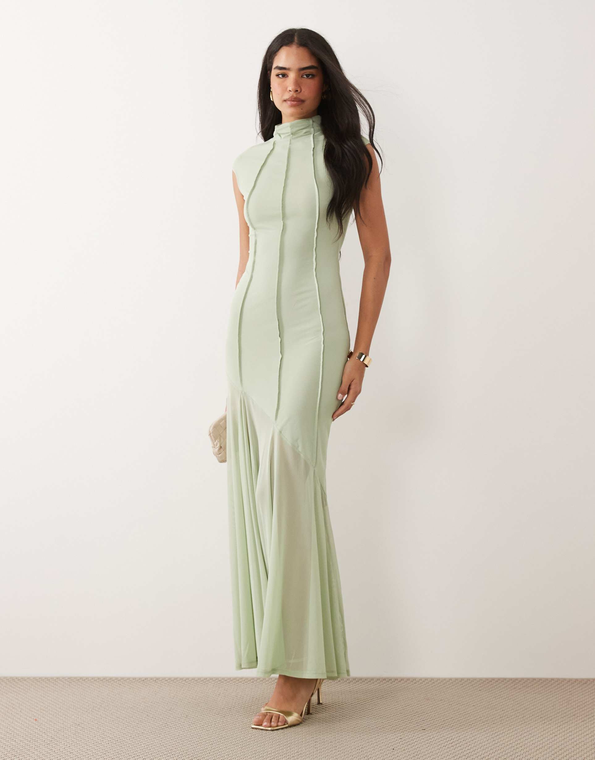 asos design mesh high neck maxi dress with exposed contour seam detail in sage green