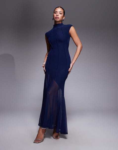 ASOS DESIGN mesh high neck maxi dress with exposed contoured seam detailing in navy - view 1