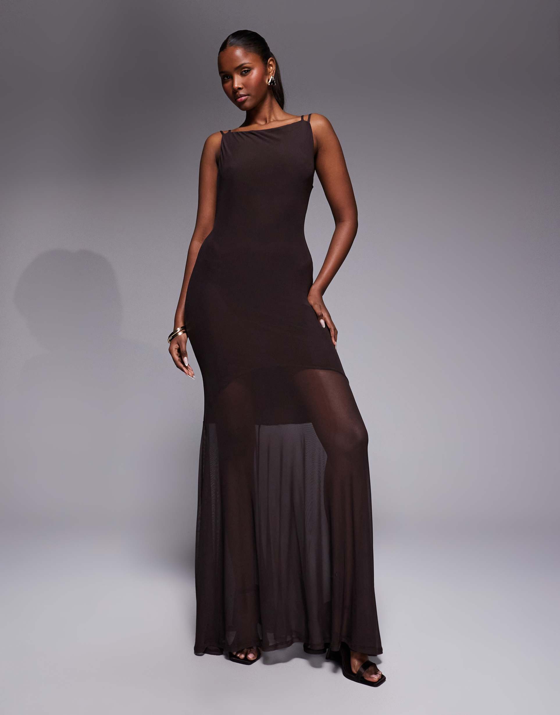 asos design mesh high neck maxi dress with open back and double strap detail in chocolate