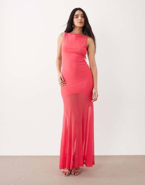 ASOS DESIGN mesh high neck maxi dress with open back and double strap detail in coral