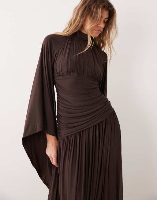 ASOS DESIGN mesh high neck modesty maxi dress with waterfall sleeve detail in chocolate, 2 of 4