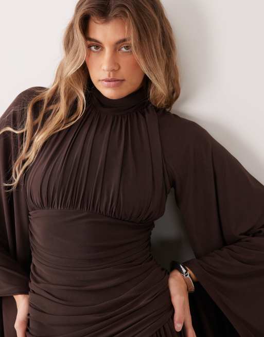 ASOS DESIGN mesh high neck modesty maxi dress with waterfall sleeve detail in chocolate, 3 of 4