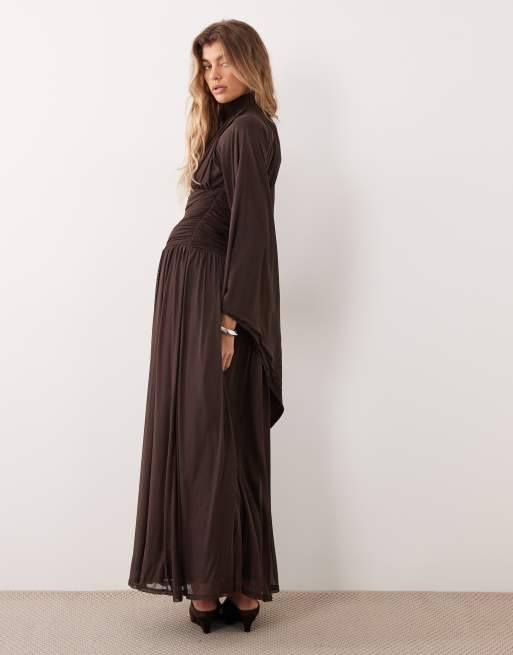 ASOS DESIGN mesh high neck modesty maxi dress with waterfall sleeve detail in chocolate, 4 of 4