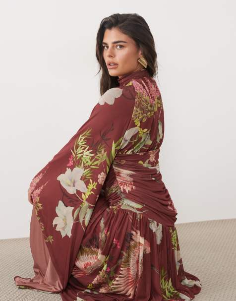 ASOS DESIGN mesh high neck modesty maxi dress with waterfall sleeve detail in olive - view 1
