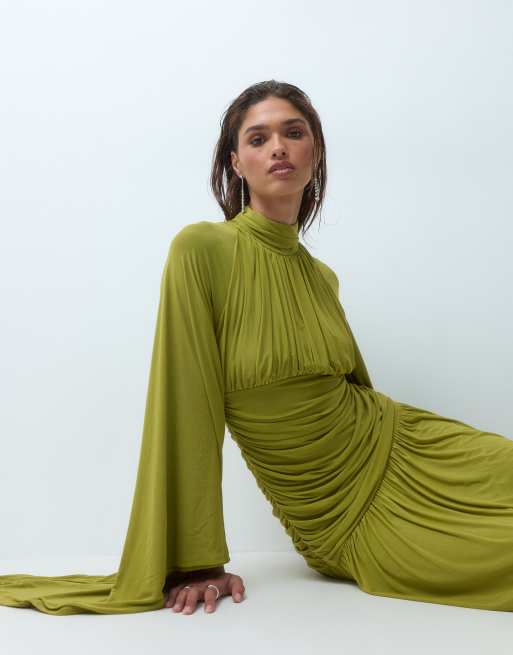 ASOS DESIGN mesh high neck modesty maxi dress with waterfall sleeve detail in olive, 2 of 4