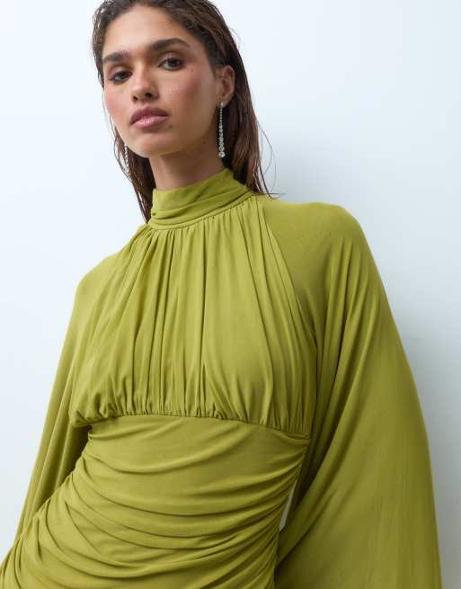 ASOS DESIGN mesh high neck modesty maxi dress with waterfall sleeve detail in olive, 3 of 4