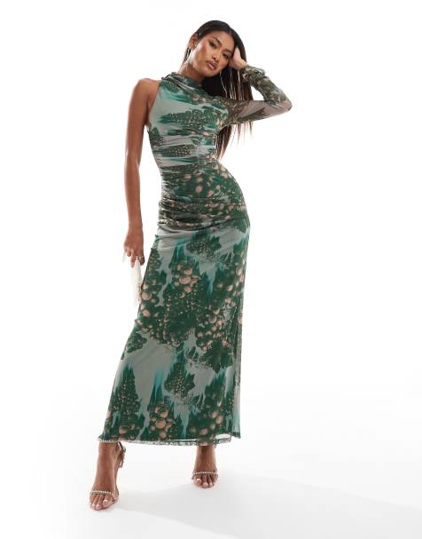 ASOS DESIGN mesh high neck one sleeve midi dress with gauging in green grape print - view 1