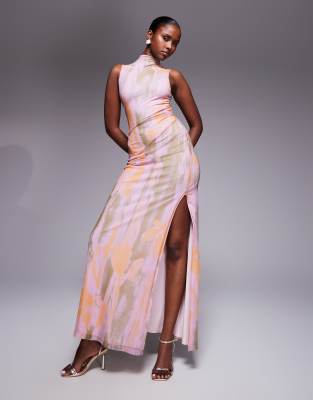 ASOS DESIGN mesh high neck ruched asymmetric seam maxi dress in abstract print - view 1