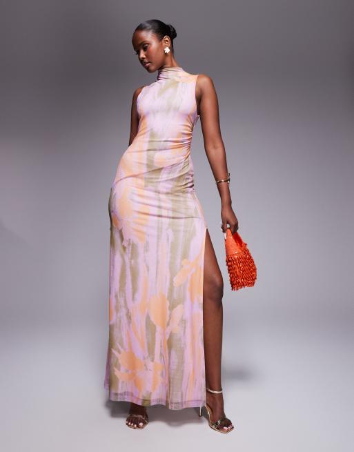 ASOS DESIGN mesh high neck ruched asymmetric seam maxi dress in abstract print, 4 of 4