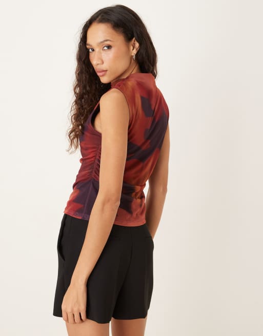 ASOS DESIGN mesh high neck ruched side floral print co ord  top in fig