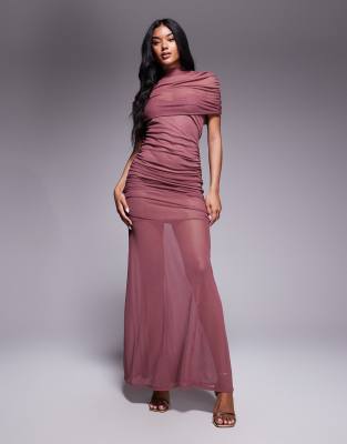 Asos Design Mesh Highneck Overlay Maxi Dress With Sheer Skirt In Pink