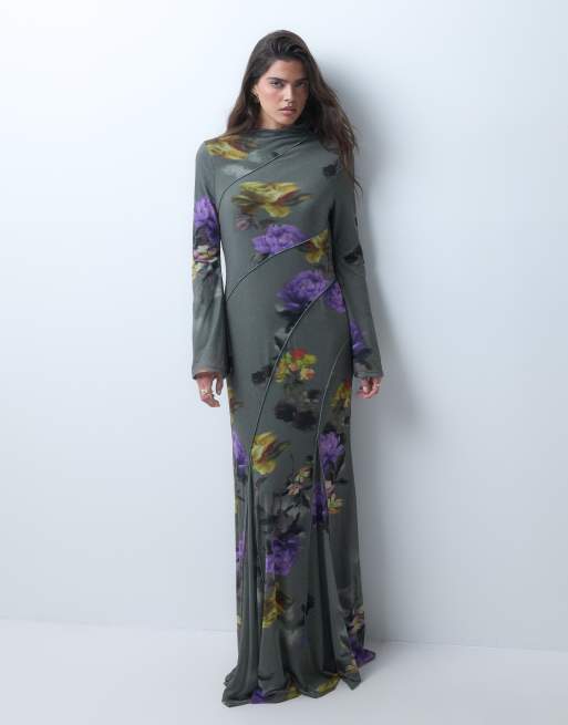 ASOS DESIGN mesh højhalset godet maxikjole med lilla blomstermønster, 2 af 5