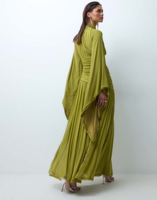 ASOS DESIGN mesh hoogsluitende maxi jurk met mouwdetail in olijfgroen, 4 van 4