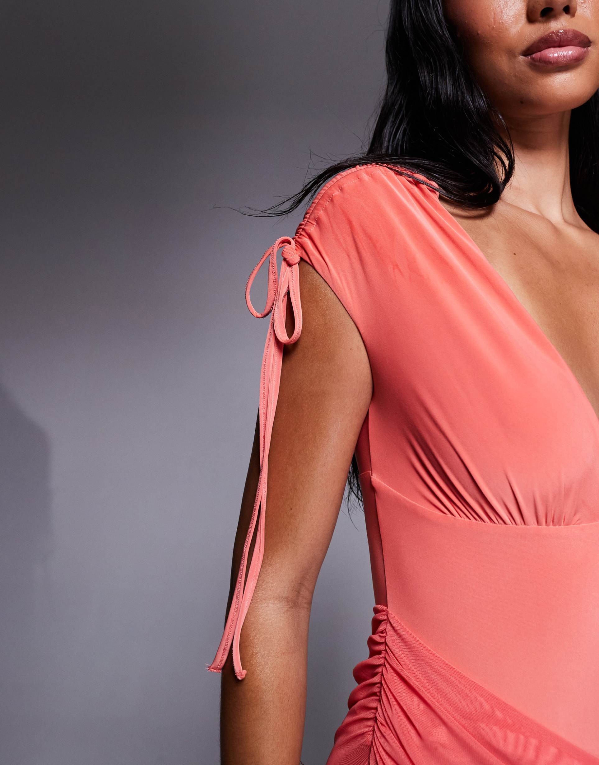 asos design mesh hybrid maxi dress with draped skirt in coral
