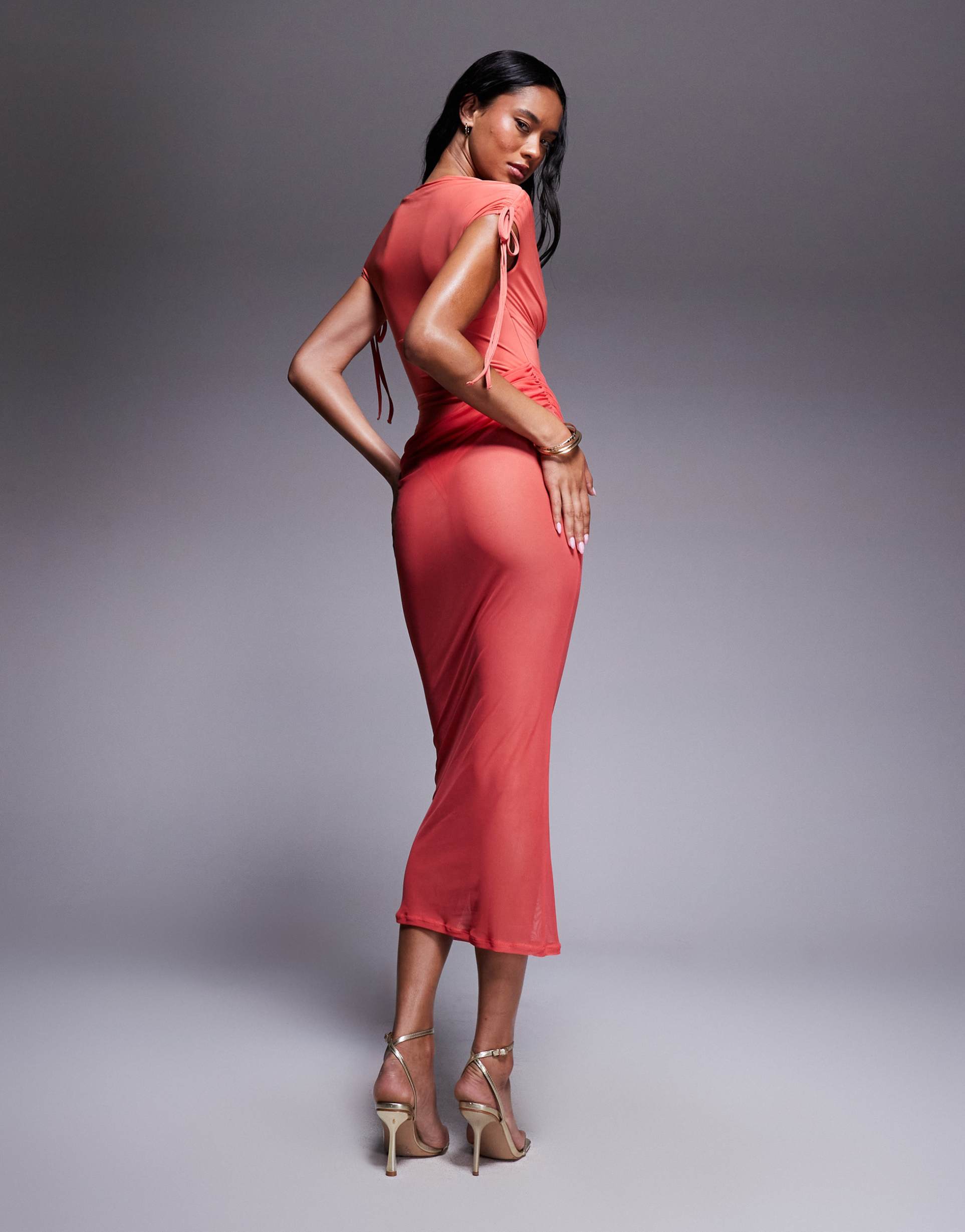 asos design mesh hybrid maxi dress with draped skirt in coral
