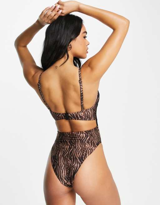 Mesh Corset Design Cupped High Leg Bodysuit