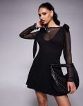 [ASOS DESIGN] ASOS DESIGN mesh insert tie shoulder swing mini dress in black-Brown S Brown