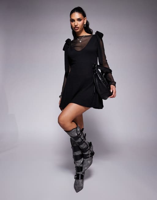 ASOS DESIGN mesh insert tie shoulder swing mini dress in black