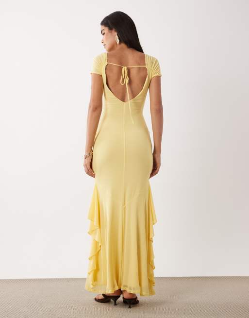 ASOS DESIGN mesh jurk met ruches maxi in lemon, 4 van 4