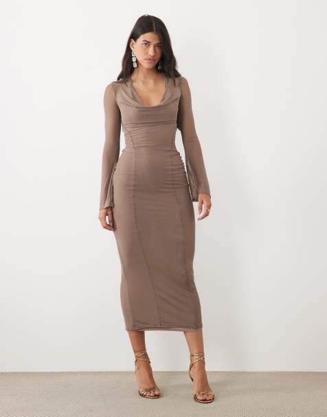 ASOS DESIGN mesh kjole med engleærmer, snørelukning bagpå og lange ærmer i midi-længde i mocha - view 1