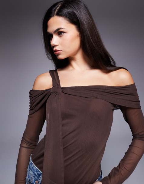 ASOS DESIGN mesh knot detail bardot top in brown - view 1
