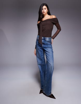 Asos Design Mesh Knot Detail Bardot Top In Brown