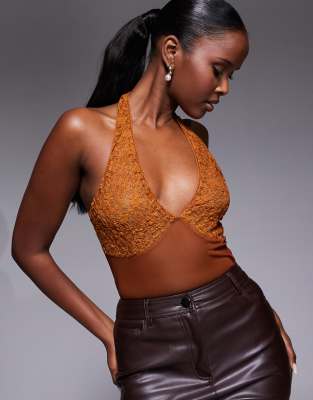 Asos Design Mesh Lace Halter Neck Bodysuit In Brown