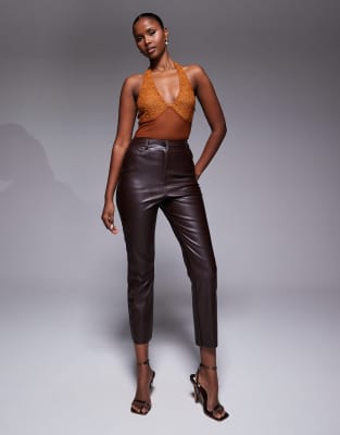 Asos Design Mesh Lace Halter Neck Bodysuit In Brown